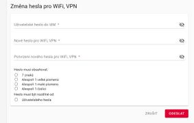 3. Na první řádek znovu zadejte heslo, které máte do portálu IS STAG (toto heslo se nezmění). 4. Na následující dva řádky si zvolte heslo pro Wi-Fi. 5. Klikněte na tlačítka "ZMĚNA HESLA".