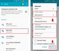 1. Připojte se k bezdrátové Wi-Fi síti "eduroam". 2. Pro úspěšné připojení je nutné uvést uživ. jméno ve tvaru uživatelskéjméno@jcu.cz a zadat již nastavené freeradius heslo. 3. Nyní jste připojeni k bezdrátové síti eduroam.
